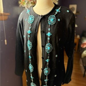 Denim and co large Black Cardigan with Turquoise Embellishments